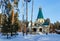 Wooden church in the woods in winter Ural Ekaterinburg Ganin Yama