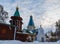 Wooden church in the woods in winter Ural Ekaterinburg Ganin Yama