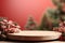 Wooden circle pedestal with fly agaric on pink background