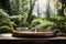 Wooden circle pedestal in nature green forest for product presentation.