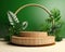 wooden circular podium with tropical leaves.