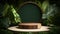 Wooden circular podium with tropical leaves for product presentation, illustration ai generative