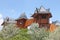 Wooden climbing castle in adventure park.