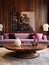 Wooden coffee table and two velvet sofas. Interior design of modern living room