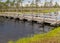 A wooden construction walking bridge in the middle of the swamp. View of the beautiful nature in the swamp - a pond, conifers,