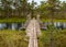 A wooden construction walking bridge in the middle of the swamp. View of the beautiful nature in the swamp - a pond, conifers,