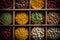 Wooden containers holding assorted beans, viewed from above