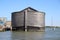 Wooden copy of Noah`s Ark in the harbor of Krimpen aan den IJssel, heavy damaged by winterstorm