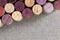 Wooden cork close-up of bottles with red and white wine. View from above