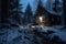 Wooden Cottage, Chalet, Shack. winter night fantasy forest. Christmas season landscape. Wooden hut.