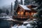 Wooden cottage with light in windows in mountains