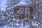 Wooden cottage snowy in winter and trees in the snowfall