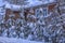 Wooden cottage snowy in winter and trees in the snowfall