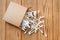 Wooden cotton buds. View from above. Wood background