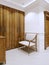 Wooden couch near the wooden wardrobe in the apartment corridor. Interior in classic style