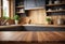 A wooden countertop in a kitchen is positioned next to a window. The countertop is clean and well-maintained, adding a