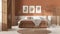 Wooden country bedroom in white and orange tones. Mater bed with blanket. Wooden panel and parquet floor, carpet and table,