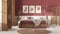 Wooden country bedroom in white and red tones. Mater bed with blanket. Wooden panel and parquet floor, carpet and table, breakfast