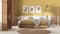 Wooden country bedroom in white and yellow tones. Mater bed with blanket. Wooden panel and parquet floor, carpet and table,
