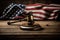 Wooden court gavel on the stand with American flag in the background