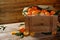 Wooden crate with tasty tangerines