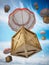 Wooden crates in the sky being delivered with parachutes. 3D illustration