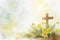 A wooden cross adorned with yellow flowers in an artwork on a white background
