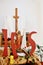 Wooden cross and Jesus figure decor in church. Easter concept