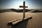 Wooden cross stands in the desert