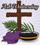 Wooden Cross, Stole, Palm Branch and Bowl for Ash Wednesday, Vector Illustration