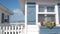 Wooden Crystal pier and white blue cottages on ocean beach, California USA.