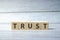 wooden cube block with TRUST business word on table background
