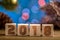 Wooden cubes 2018. Cometh the new year. Blurred background. A place for a label. With the New year.