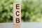 Wooden cubes with acronym ECB arranged in a vertical pyramid, on the green nature background. ECB short for European Central Bank