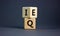 Wooden cubes with the expression `IQ` `Intelligence Quotient` to `EQ` `Emotional Quotient`. Beautiful grey background. Cop