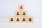 wooden cubes in the form of an organizational hierarchy with employee icons. Organization and hierarchy concept