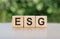 Wooden cubes standing on gray surface with letters ESG - short for environmental social governance on blurred green background