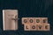 wooden cubes with words Gods Love and bible