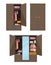 Wooden cupboard cartoon icon. Open closets cupboard wardrobe on white background. Closet with opening doors, clothing