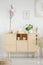 Wooden cupboard with flowers in white room interior with posters and pouf. Real photo