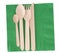 Wooden cutlery, knife fork and spoon, on green paper napkin, serviette, isolated on white.