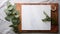 a wooden cutting board adorned with a linen napkin and a delicate eucalyptus sprig, elegantly arranged on a marble table