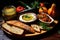 Wooden cutting board with assorted breads, dips, and vegetables