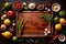 Wooden cutting board with food cooking ingredients, herbs and spices, cuisine concept