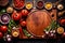 Wooden cutting board with food cooking ingredients, herbs and spices, cuisine concept