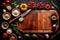 Wooden cutting board with food cooking ingredients, herbs and spices, cuisine concept