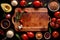 Wooden cutting board with food cooking ingredients, herbs and spices, cuisine concept