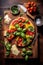 Wooden cutting board, fresh basil leaves