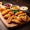 Wooden Cutting Board With Fried Food