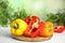 Wooden cutting board with ripe bell peppers on table